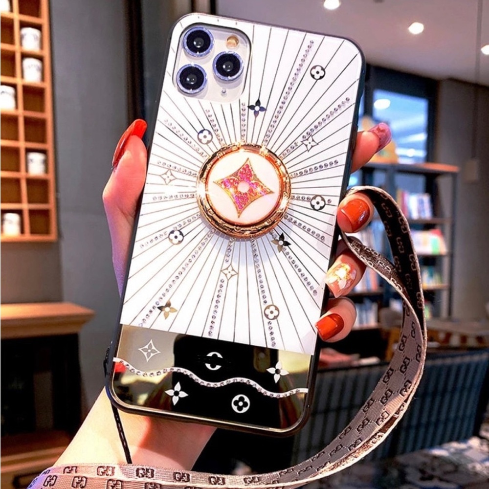 CUSTOM-MADE Full Bling WHITE iPhone case w/ brown lanyard